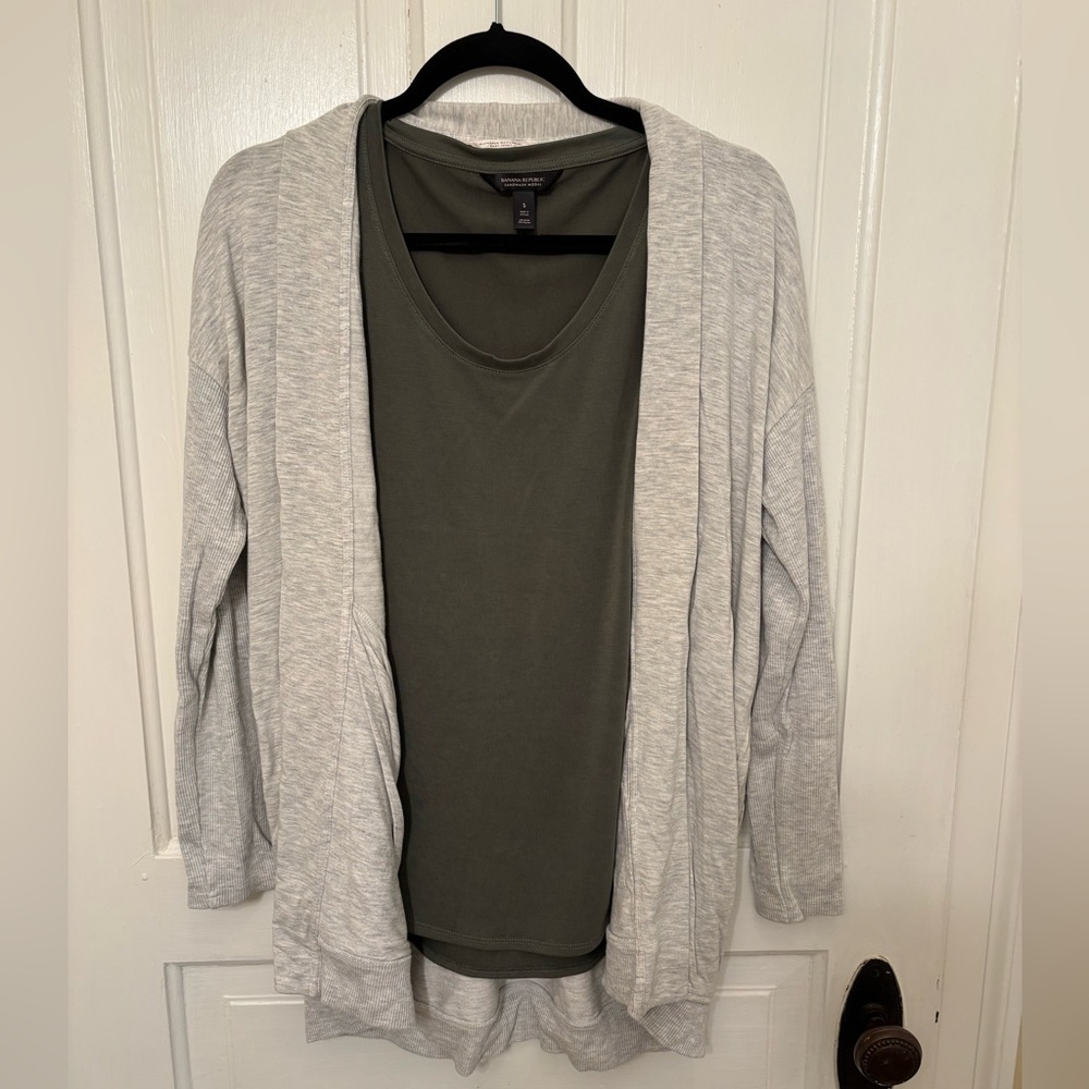 Banana Republic Heather Gray Cardigan Green Tank Set Small